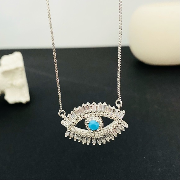Silver Evil Eye Necklace, Turkish Evil Eye Necklace, - Picture 3 of 7